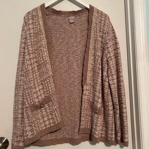 Chico’s Taupe Textured Open Cardigan with Beaded Trim Size 2 (L)